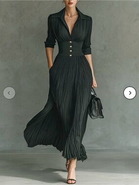 Modesees Women's Black Pleated Lapel Waist Maxi Dress NWT